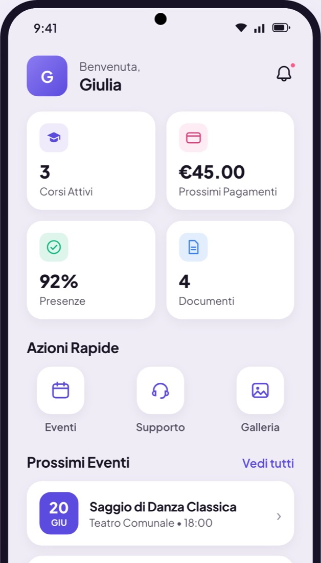 Schermata iniziale dell'app DanzaFacile per allievi e famiglie
