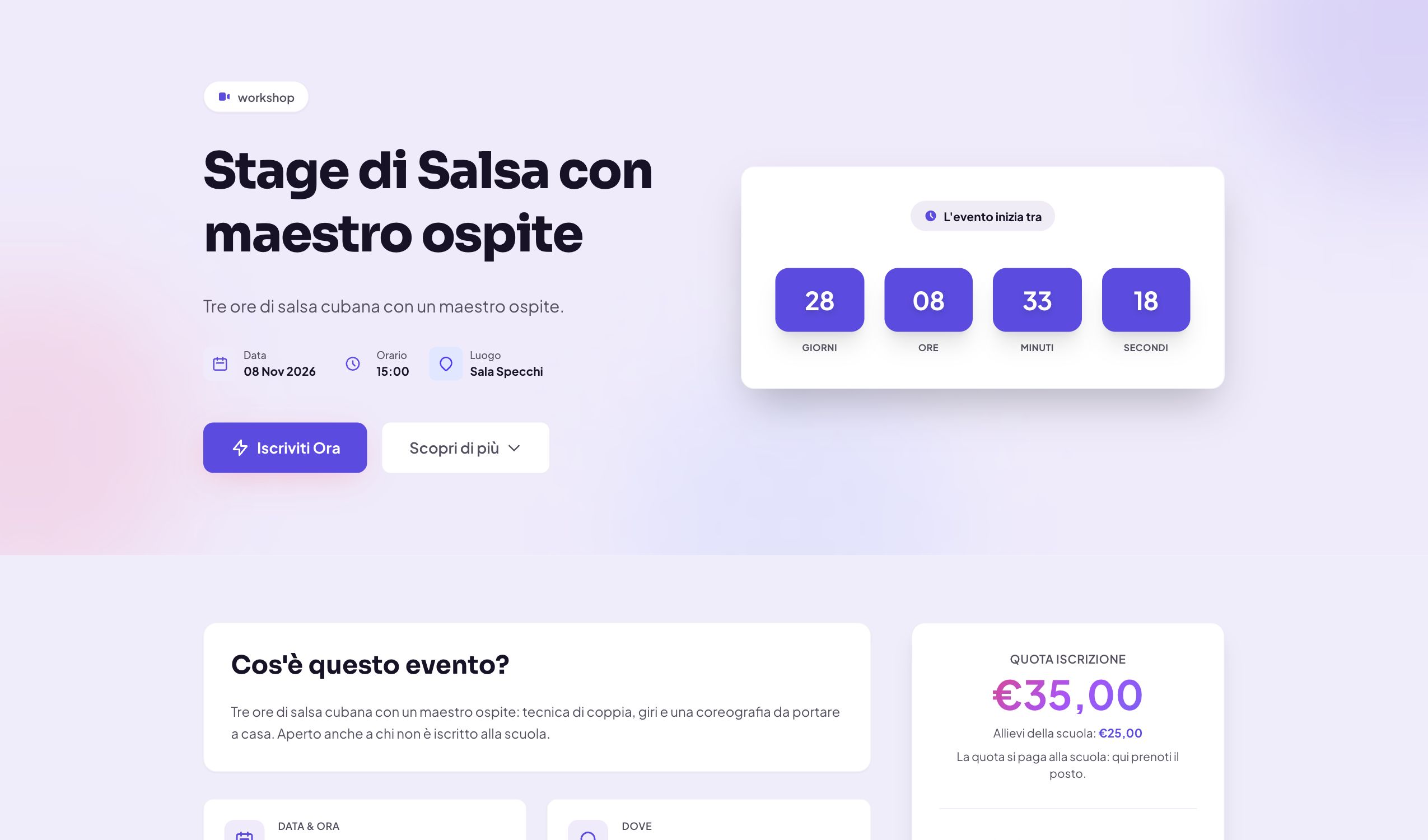 Pagina pubblica di uno stage di salsa: data, luogo, posti disponibili, quota e modulo di iscrizione