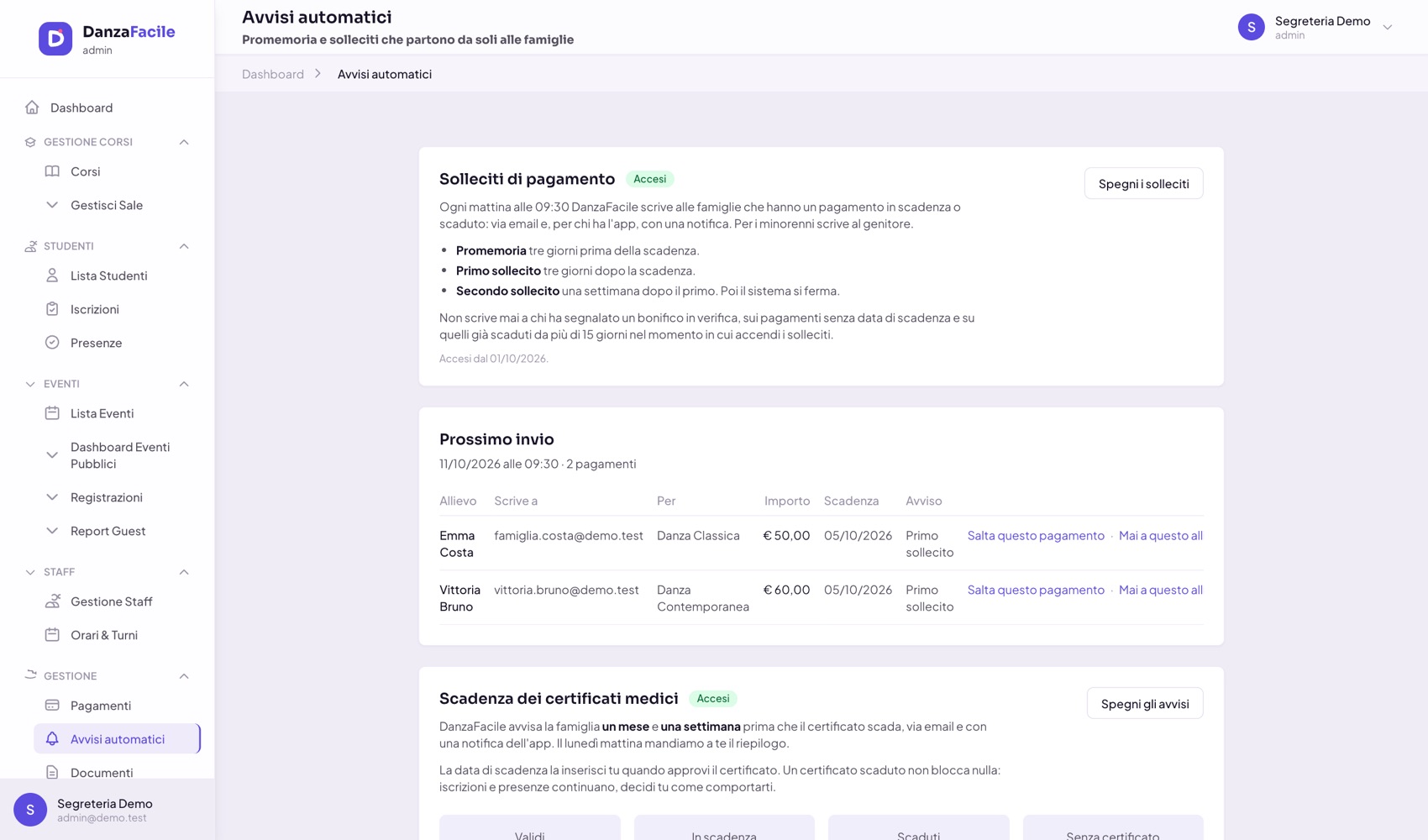 Pagina «Avvisi automatici» di DanzaFacile: solleciti di pagamento accesi e anteprima del prossimo invio