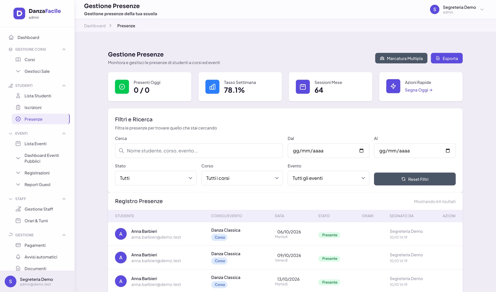 Registro presenze di DanzaFacile con filtri per corso e data